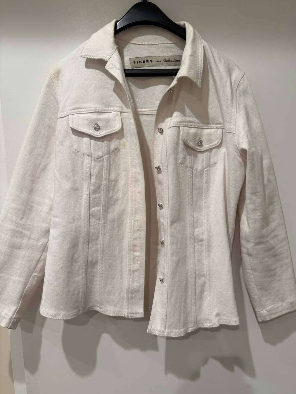 Fibers Jeans White Denim SZ L Fitted Jacket Barbara Lesser Rhinestone buttons